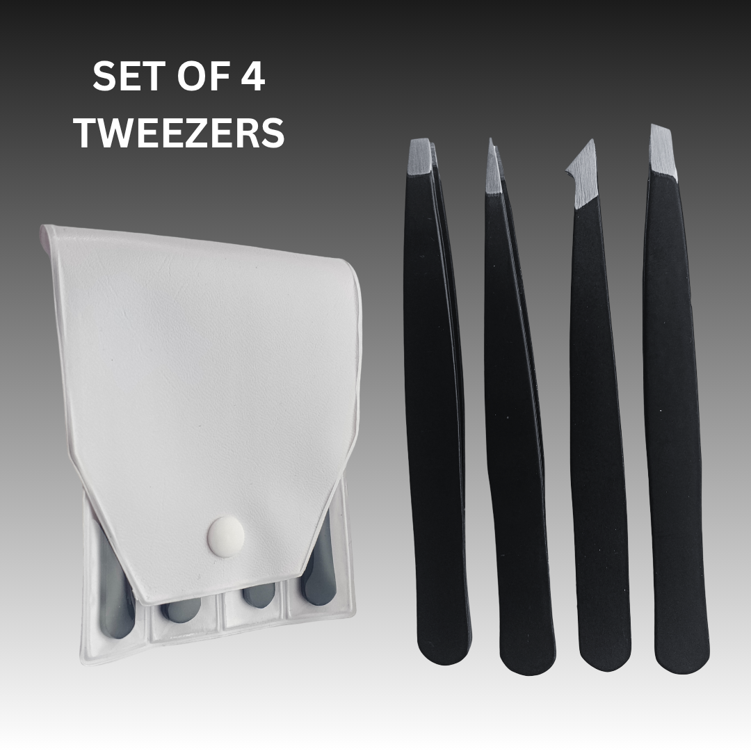 4-pcs Tweezers Set For Eyebrow Professional Eyebrow Tweezers Plucking Beauty Slanted Stainless Steel Eyebrow Hair Pluckers Tweezers+ pouch Eyebrow Tweezers Set